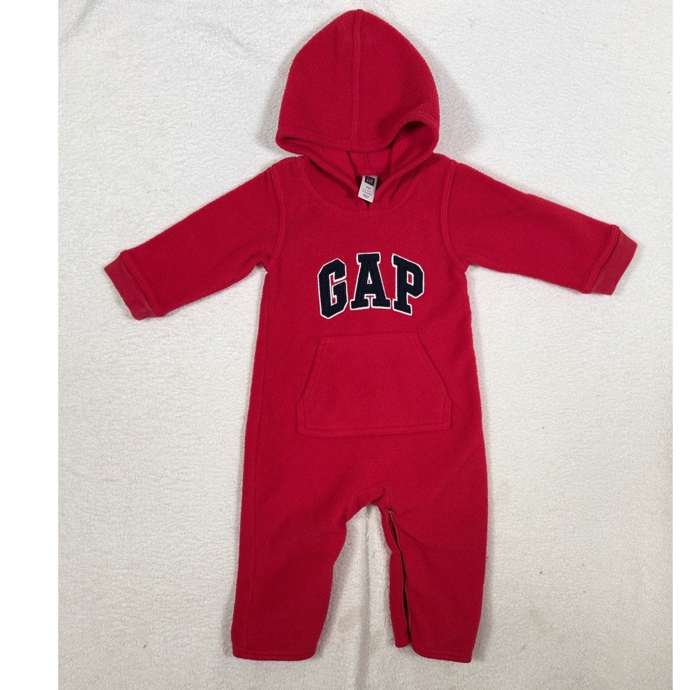 Baby Gap Red Fleece Hooded Romper Arch Logo Infant 12-18 Months HOL06 424567